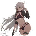  1girl absurdres ahoge asymmetrical_sleeves bikini black_bikini black_gloves black_jacket breasts choker cleavage cropped_jacket cropped_legs dated davidhuang701 fate/grand_order fate_(series) floating_hair gloves grey_hair hair_twirling highres jacket jeanne_d&#039;arc_alter_(fate) jeanne_d&#039;arc_alter_(swimsuit_berserker)_(fate) katana large_breasts long_hair long_sleeves looking_at_viewer navel o-ring o-ring_bikini parted_lips red_thighhighs shrug_(clothing) simple_background single_glove smile solo swimsuit sword thigh_strap thighhighs thighs underboob very_long_hair weapon white_background yellow_eyes 