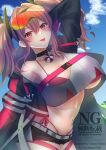  1girl :p arm_up artist_name azur_lane belt bikini black_choker black_shorts blue_coat blue_sky blush breasts bremerton_(azur_lane) choker cleavage cloud coat collarbone commentary_request cowboy_shot crop_top crop_top_overhang cutoffs day eyewear_on_head grey_belt grey_hair grey_shirt hair_between_eyes hair_intakes hair_ornament highleg highleg_bikini highres large_breasts lifebuoy_ornament long_hair looking_at_viewer mole mole_on_breast mole_under_eye multicolored_hair navel navel_piercing open_clothes open_coat piercing pink_bikini pink_eyes pink_hair red-tinted_eyewear shirt short_shorts shorts side-tie_bikini_bottom sidelocks sky smile snap-fit_buckle solo standing stomach streaked_hair sunglasses swimsuit takemi708 thigh_strap tinted_eyewear tongue tongue_out twintails twitter_username two-tone_hair two-tone_shirt underboob white_shirt 