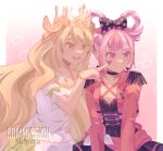  2girls babykatafan blonde_hair blunt_bangs butterfly_hair_ornament celine_(fire_emblem) closed_mouth clothing_cutout crown facial_mark fire_emblem fire_emblem_engage green_eyes hair_ornament hair_ribbon hair_rings heart heart_facial_mark highres hortensia_(fire_emblem) jewelry long_hair long_sleeves multicolored_hair multiple_girls necklace pink_eyes pink_hair pointing ribbon smile strap two-tone_hair very_long_hair wavy_hair 