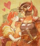  1boy 1girl arm_hug armor blue_armor blue_eyes blue_headwear blunt_bangs blush bodysuit cape couple curly_hair dragon_quest dragon_quest_i dress earrings elbow_gloves eye_contact fake_horns gloves heart helmet hero_(dq1) horned_helmet horns jewelry juliet_sleeves long_hair long_sleeves looking_at_another necklace orange_bodysuit orange_hair parted_lips princess princess_laura profile puffy_sleeves purple_sash red_cape red_gloves sash shoulder_armor sword tiara turtleneck upper_body weapon white_gloves yellow_dress yuza 