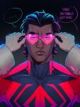  ... 1boy 1girl absurdres animal_print black_hair blue_bodysuit bodysuit dark-skinned_male dark_skin dopanin fur-trimmed_sleeves fur_trim hair_slicked_back heart heart-shaped_eyewear highres jitome large_pectorals lips lyla_(marvel) male_focus marvel mature_male miguel_o&#039;hara muscular muscular_male pectorals pov print_bodysuit red_bodysuit red_eyes solo spider-man:_across_the_spider-verse spider-man_(series) spider_print sunglasses thick_eyebrows two-tone_bodysuit 