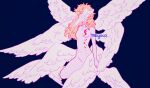  1girl angel_wings artist_name blonde_hair breasts covered_face crescent devilman devilman_crybaby feathered_wings feet_out_of_frame grey_background head_wings highres long_hair low_wings medium_breasts meyoco multiple_wings navel nude satan_(devilman) simple_background solo tears wings 