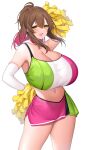  absurdres breasts brown_hair cheerleader elbow_gloves gloves green_eyes highres huge_breasts midriff miniskirt multicolored_hair original pink_hair pom_pom_(cheerleading) simple_background skirt sports_bra suruga_(xsurugax) thighs white_background 