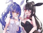  2girls ;d alternate_costume amamiya_kokoro animal_ears black_hair black_leotard blue_bow blue_bowtie blue_hair bow bowtie breasts cleavage commentary_request detached_collar fake_animal_ears fake_tail hair_ornament hand_on_own_chest high_ponytail highres large_breasts leotard long_hair multicolored_hair multiple_girls nijisanji one_eye_closed pantyhose playboy_bunny rabbit_ears rabbit_tail red_bow red_bowtie red_eyes saka_(sksmaaaa2) smile strapless strapless_leotard tail two-tone_hair very_long_hair virtual_youtuber white_hair white_leotard wrist_cuffs x_hair_ornament yellow_eyes yorumi_rena 