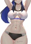  1girl abs alternate_costume armpits arms_up artist_name ass_visible_through_thighs black_buruma blue_hair blush breasts buruma cameltoe clothing_cutout collarbone colored_inner_hair commentary cowboy_shot curvy english_commentary hololive hololive_english large_breasts light_smile long_hair multicolored_hair muscular muscular_female myth1carts ouro_kronii patreon_logo pixiv_logo simple_background solo sports_bra stomach sweat thigh_gap thighs toned twitter_logo two-tone_hair virtual_youtuber white_background white_sports_bra wide_hips 