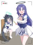  2girls absurdres aris_(blue_archive) black_hair blue_archive blue_hair blush breasts closed_eyes comb halo highres holding holding_comb idol_clothes littlefunny long_hair medium_breasts multiple_girls official_alternate_costume on_chair recording small_breasts v very_long_hair yuuka_(blue_archive) 