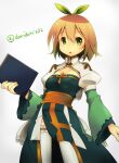  1girl arch_bishop_(ragnarok_online) blonde_hair blue_dress blush book bow breasts brown_hair cleavage_cutout clothing_cutout commentary_request cowboy_shot cross doridori dress expressionless frilled_thighhighs frills green_bow green_eyes hair_bow holding holding_book juliet_sleeves long_sleeves looking_at_viewer open_mouth pelvic_curtain puffy_sleeves ragnarok_online sash short_hair simple_background small_breasts solo thighhighs twitter_username two-tone_dress white_background white_dress white_thighhighs yellow_sash 