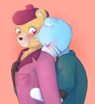  2023 abbytabbys anthro azulin_(unicorn_wars) bear blue_body blush cabo_pompon_(unicorn_wars) clothing duo embrace hat headgear headwear hi_res hug hugging_from_behind mammal purple_eyes scar shirt simple_background topwear unicorn_wars 