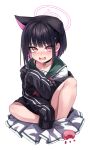  1girl absurdres aged_down animal_ears black_choker black_hair black_hoodie blue_archive bra_strap cat_ears cat_girl choker collarbone colored_inner_hair commentary_request covering covering_crotch embarrassed flying_sweatdrops food green_sailor_collar halo highres hood hoodie kazusa_(blue_archive) knee_up ldl_(bcw1025) legs looking_at_viewer macaron multicolored_hair neckerchief open_mouth oversized_clothes pink_eyes pink_hair pink_neckerchief pleated_skirt sailor_collar shirt short_hair simple_background sitting skirt skirt_around_ankles sleeves_past_fingers sleeves_past_wrists slit_pupils solo sweat wavy_mouth white_background white_shirt white_skirt 