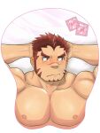  1boy akashi_(live_a_hero) arms_behind_head averting_eyes bara blush breast_mousepad condom condom_wrapper facial_hair goatee highres hiroki_(hirokiin2jigen) large_pectorals live_a_hero long_sideburns mousepad_(medium) muscular muscular_male nipples pectoral_focus pectorals red_eyes sanpaku short_hair shy sideburns solo sweat thick_eyebrows thick_thighs thighs 