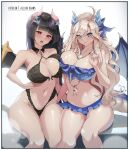  2girls \||/ aelion_draws ahoge areola_slip bare_arms bare_legs bare_shoulders bikini black_bikini black_hair blonde_hair blue_bikini blue_eyes blunt_bangs blurry bokeh border breast_press breasts cleavage closed_mouth collarbone commission curled_fingers depth_of_field dragon_girl dragon_horns dragon_tail english_commentary feet_out_of_frame forehead frilled_bikini frills green_nails hand_on_own_hip hand_up highres horns jewelry large_breasts long_hair looking_at_viewer micro_bikini multiple_girls nail_polish navel necklace original parted_bangs patreon_username pointy_ears red_eyes revealing_clothes shadow shiny_skin sitting smile swimsuit tail teeth thick_thighs thighs tongue tongue_out upper_teeth_only white_border 