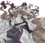  2girls animal_ears blonde_hair closed_mouth dress fox_ears fox_tail hair_between_eyes hat hat_ribbon highres long_hair long_sleeves mob_cap multiple_girls multiple_tails open_mouth purple_eyes red_ribbon ribbon shindiyue short_hair simple_background smile tabard tail touhou white_background white_dress white_headwear wide_sleeves yakumo_ran yakumo_yukari yellow_eyes 