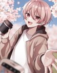  1boy blue_sky brown_hair brown_hoodie cellphone cherry_blossoms coffee_cup cup disposable_cup flower highres holding holding_cup hood hood_down hoodie komusubi_moru long_sleeves looking_at_viewer male_focus open_mouth original petals phone pink_eyes pink_flower shirt signature sky smile twitter_username white_shirt 