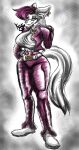  absurd_res anthro ashina_(karu) belt breasts canid canine canis clothed clothing curved_tail curvy_figure ear_piercing female hair hi_res karu_(artist) mammal muscular muscular_female orange_eyes piercing pink_hair pose shaded solo tail thick_thighs wide_hips wolf 