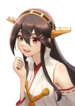  1girl black_hair brown_eyes detached_sleeves hair_ornament hairband hairclip haruna_(kancolle) haruna_kai_ni_(kancolle) headgear highres japanese_clothes kantai_collection long_hair open_mouth popped_collar porupurucha simple_background smile solo teeth upper_body upper_teeth_only white_background 
