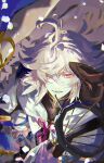  1boy fate/grand_order fate_(series) flower flower_knot hair_between_eyes hanako_(onikutabetaiyo) highres holding holding_staff hood hooded_robe long_hair long_sleeves looking_at_viewer male_focus merlin_(fate) petals purple_eyes robe smile solo staff white_hair white_robe 