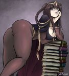  1girl absurdres ass bent_over black_cape black_hair blunt_bangs bodystocking book bracelet breasts bridal_gauntlets cape choker circlet commentary dated feet_out_of_frame fire_emblem fire_emblem_awakening gold highres jewelry large_breasts legs long_hair pile_of_books purple_background purple_eyes red_cape signature solo tassel tharja_(fire_emblem) two-tone_cape two_side_up videajames 