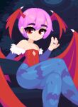  1girl bench cleavage_cutout clothing_cutout crossed_legs demon_wings detached_sleeves fang flat_chest head_wings jewelry leggings leotard lilith_aensland minimilieu moon night outdoors pink_hair pixel_art red_eyes ring sitting solo thick_eyebrows tree vampire_(game) wings 