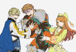  1girl 2boys alfred_(fire_emblem) armor blonde_hair boucheron_(fire_emblem) brown_hair cape closed_mouth etie_(fire_emblem) fire_emblem fire_emblem_engage frills gloves green_eyes hair_ribbon highres long_hair long_sleeves multiple_boys orange_hair ribbon shishima_eichi short_hair smile tiara white_background 