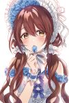  1girl bare_shoulders blush breasts brown_hair dress flower frilled_dress frills hair_between_eyes hair_flower hair_ornament hair_scrunchie highres holding holding_petal idolmaster idolmaster_shiny_colors iku2727 long_hair looking_at_viewer medium_breasts neck_ribbon open_mouth osaki_tenka petals purple_ribbon ribbon scrunchie simple_background solo twintails white_background white_dress white_headdress white_ribbon yellow_eyes 