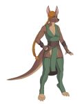  4_toes 5_fingers anthro bottomwear braided_hair brown_body brown_fur clothing dress feet female fingerless_gloves fingers fur gloves green_eyes hair handwear hi_res kangaroo legwear loincloth long_hair macropod mammal marsupial powdid ruby_nitro solo standing thigh_highs toes 