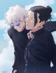  2boys black_eyes black_hair black_jacket blue_eyes cloud cloudy_sky cowboy_shot day ear_piercing getou_suguru gojou_satoru grin hair_bun hair_pulled_back hand_on_another&#039;s_shoulder jacket jujutsu_kaisen jujutsu_tech_uniform long_sleeves looking_at_viewer male_focus multiple_boys outdoors parted_lips piercing round_eyewear sky smile standing suda_ayaka sunglasses teeth white_hair 