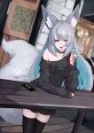  1girl absurdres animal_ear_fluff animal_ears aqua_hair black_nails black_skirt black_sweater black_thighhighs cellphone colored_inner_hair fox_ears fox_girl fox_shadow_puppet fox_tail grey_hair highres leaning_on_table long_hair long_sleeves looking_at_viewer multicolored_hair off-shoulder_sweater off_shoulder original phone plaid plaid_skirt skirt smartphone sweater table tail thick_eyebrows thighhighs tongue tongue_out two-tone_hair yaho_nyan yellow_eyes 