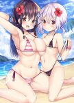  2girls armpits beach bikini black_bikini black_hair blue_scrunchie blue_sky breasts cloud comic_cune day flower frilled_bikini frills hair_flower hair_ornament highres kurou_(quadruple_zero) large_breasts long_hair looking_at_viewer mole mole_on_breast multiple_girls navel ninose_shizuku ocean outdoors red_eyes scrunchie shirakawa_kokona short_hair side-tie_bikini_bottom sky small_breasts striped striped_bikini swimsuit watashi_no_tame_ni_nuginasai! white_hair wrist_scrunchie x_hair_ornament 