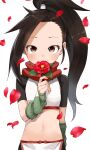  1girl absurdres black_hair brown_eyes crop_top flower forehead high_ponytail highres holding holding_flower kunoichi_tsubaki_no_mune_no_uchi long_hair looking_at_viewer midriff navel petals ponytail red_flower short_sleeves simple_background solo tsubaki_(kunoichi_tsubaki_no_mune_no_uchi) very_long_hair white_background yamamoto_souichirou 