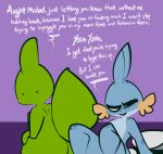  1-upclock anthro bed butt dialogue dot_eyes duo female freckles furniture generation_2_pokemon generation_3_pokemon hi_res imminent_sex jay_(1-upclock) larvitar mabel_(1-upclock) male male/female mudkip nintendo nude pillow pokemon pokemon_(species) purple_background simple_background smile smirk tail 