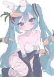  1girl :o absurdres animal_ears bare_shoulders black_leotard blue_eyes blue_hair blush carrot carrot_hair_ornament detached_sleeves fake_animal_ears fake_tail fishnet_pantyhose fishnets flat_chest food-themed_hair_ornament hair_ornament hakudaku hatsune_miku highres leotard long_hair looking_at_viewer pantyhose playboy_bunny rabbit_ears rabbit_tail simple_background solo sparkle tail twintails two-tone_leotard very_long_hair vocaloid white_background white_leotard 