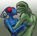  4_arms 4_eyes alien antennae_(anatomy) arthropod blue_body blue_skin bodily_fluids cadets_(md34) duo embrace female female/female french_kissing green_body green_skin holding_another hug image_comics intimate invincible_(comics) kissing lips md34 multi_arm multi_eye multi_limb posthuman red_eyes saliva sloppy_kiss spikes spikes_(anatomy) tentacles terebra thick_lips thraxan yellow_eyes 