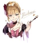  1girl absurdres beatrice_(umineko) blonde_hair blue_eyes bow bowtie braid choker collarbone flower frilled_choker frills grin hair_bun hair_flower hair_ornament highres holding holding_smoking_pipe kirkeone looking_at_viewer pink_bow pink_bowtie portrait single_hair_bun smile smoking_pipe solo umineko_no_naku_koro_ni 