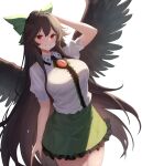  1girl absurdres arm_up bird_wings bloom bow breasts brown_hair chest_jewel commentary cowboy_shot feathered_wings frilled_shirt_collar frills green_bow green_skirt grin hair_bow highres large_breasts light_blush long_hair looking_at_viewer moriforest1040 red_eyes reiuji_utsuho shirt sidelighting simple_background skirt smile solo touhou very_long_hair white_background white_shirt wings 