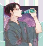  1boy black_hair commentary_request drinking fireworks green_eyes hakama highres japanese_clothes levi_(shingeki_no_kyojin) male_focus profile ramune shingeki_no_kyojin solo suzu_(mjje0txjdsyxovk) sweat upper_body wide_sleeves 