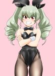  1girl absurdres anchovy_(girls_und_panzer) animal_ears ass_visible_through_thighs black_bow black_bowtie black_leotard black_pantyhose black_ribbon blush bow bowtie breasts collar commentary cowboy_shot crossed_arms detached_collar drill_hair fake_animal_ears fishnet_pantyhose fishnets girls_und_panzer green_hair grin hair_ribbon highleg highleg_leotard highres leotard long_hair looking_at_viewer medium_breasts nanao_futaba pantyhose pink_background playboy_bunny rabbit_ears red_eyes revision ribbon side-tie_leotard simple_background smile solo standing strapless strapless_leotard twin_drills twintails v-shaped_eyebrows white_collar 