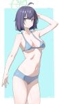  1girl absurdres armpits bikini blue_archive blue_bikini blue_eyes blush breasts commentary_request green_halo halo happy05x highres large_breasts looking_at_viewer presenting_armpit purple_hair rabbit_platoon_(blue_archive) saki_(blue_archive) saki_(swimsuit)_(blue_archive) short_hair simple_background solo stomach swimsuit thighs 