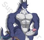  abs anthro balls blue_body bodily_fluids countershade_face countershade_tail countershade_torso countershading dragon erection genital_fluids genitals glans hi_res holding_object horn humanoid_genitalia humanoid_penis male masterelrest muscular muscular_anthro muscular_male pecs penis precum solo tail vein veiny_penis 