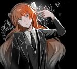  black_background black_jacket black_necktie black_vest bow brown_hairband bug butterfly collared_shirt e.g.o_(project_moon) finger_gun finger_gun_to_head hair_bow hairband highres ishmael_(limbus_company) jacket limbus_company long_hair long_sleeves na-gyou_(nunumaru) necktie orange_hair project_moon shirt simple_background very_long_hair vest white_bow white_shirt wing_collar 