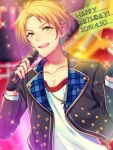  1boy black_gloves blurry blurry_background chiyu_(silverxxxx) commentary_request dated ensemble_stars! fingernails gloves green_hair hands_up happy_birthday holding holding_microphone jewelry long_sleeves looking_at_viewer male_focus microphone necklace no_eyewear open_mouth orange_hair short_hair solo star_(symbol) sweat teeth upper_body upper_teeth_only yuuki_makoto_(ensemble_stars!) 