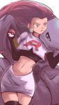  1girl arbok blue_eyes boots closed_mouth commentary_request cropped_jacket earrings elbow_gloves gloves highres holding holding_poke_ball jacket jessie_(pokemon) jewelry jjfsantos lipstick logo long_hair looking_to_the_side makeup navel poke_ball poke_ball_(basic) pokemon pokemon_(anime) pokemon_(classic_anime) pokemon_(creature) shirt skirt team_rocket team_rocket_uniform thigh_boots white_background 