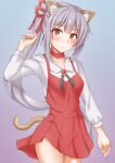  1girl alternate_costume animal_ears anti_(untea9) blush cat_ears cat_tail cosplay_request dress extra_ears gradient_background grey_hair hair_ribbon highres kantai_collection kasumi_(kancolle) long_hair long_sleeves looking_at_viewer pinafore_dress purple_background red_dress ribbon shirt side_ponytail sleeveless sleeveless_dress tail white_shirt 