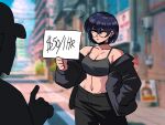  1boy 1girl ^^^ bare_shoulders black_choker black_hair black_jacket black_pants blurry blurry_background breasts choker cleavage closed_mouth collarbone expressionless glasses highres holding holding_paper jacket midriff navel original pants paper prostitution short_hair solo_focus tank_top tina_fate 
