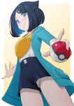  1girl absurdres black_hair blue_eyes blue_shorts border closed_mouth coat commentary_request from_below green_coat hair_ornament hairclip highres holding holding_poke_ball liko_(pokemon) open_clothes open_coat panties pantyshot poke_ball poke_ball_(basic) pokemon pokemon_(anime) pokemon_horizons shirt shorts sirokohi smile solo spread_fingers underwear white_border white_panties white_shirt yellow_background yellow_bag 