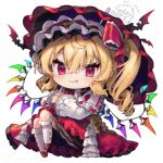  1girl blonde_hair blush chibi closed_mouth dress fang flandre_scarlet flower full_body gunjou_row hair_between_eyes holding holding_umbrella kneehighs long_hair lowres red_dress red_eyes red_flower shoes side_ponytail simple_background socks solo touhou umbrella white_background white_socks 