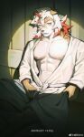  1boy absurdres animal_ears arknights bara bare_pectorals dog_boy dog_ears dougi feet_out_of_frame furry furry_male highres horns hung_(arknights) male_focus medium_hair multicolored_hair muscular muscular_male orange_eyes orange_hair parted_lips pectorals single_horn sitting solo spot_color streaked_hair thick_eyebrows two-tone_fur white_fur white_hair xian_goutou_hz 