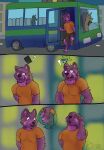  anthro background_character bottomwear building bus canid canine canis cellphone city clothed clothing comic commercial_vehicle detailed_background digital_media_(artwork) domestic_dog duo ears_back fur group hair hi_res house male mammal night open_mouth outside pants phone pivoted_ears pockets public_transportation purple_body purple_fur realization rhox road scared shirt simple_background sky smile solo symbol text topwear trio vehicle vehicle_for_hire wheel 