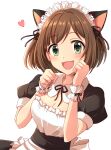  1girl animal_ears breasts brown_hair cat_ears cleavage commentary_request fang green_eyes hair_ribbon highres idolmaster idolmaster_cinderella_girls looking_at_viewer maekawa_miku maid medium_breasts open_mouth popon_ta puffy_short_sleeves puffy_sleeves ribbon short_hair short_sleeves solo upper_body white_background wrist_cuffs 