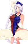  1girl absurdres arm_behind_head blue_headwear blue_one-piece_swimsuit braid braided_ponytail breasts closed_mouth clothes_writing commentary_request competition_swimsuit enmimontoria grey_eyes grey_hair groin hat heart highres large_breasts long_hair looking_at_viewer nurse_cap one-piece_swimsuit red_one-piece_swimsuit simple_background smile solo squatting swimsuit touhou trigram two-tone_one-piece_swimsuit very_long_hair white_background yagokoro_eirin 