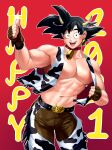  1boy 2021 abs animal_ears animal_print bara bare_pectorals black_hair brown_gloves brown_pants carless_(ppanic) chinese_zodiac cow_boy cow_ears cow_horns cow_print dragon_ball dragon_ball_z gloves happy_new_year highres horns large_pectorals male_focus muscular muscular_male navel nipples open_clothes open_mouth open_vest pants pectorals short_hair smile solo son_goku spiked_hair thumbs_up vest year_of_the_ox 